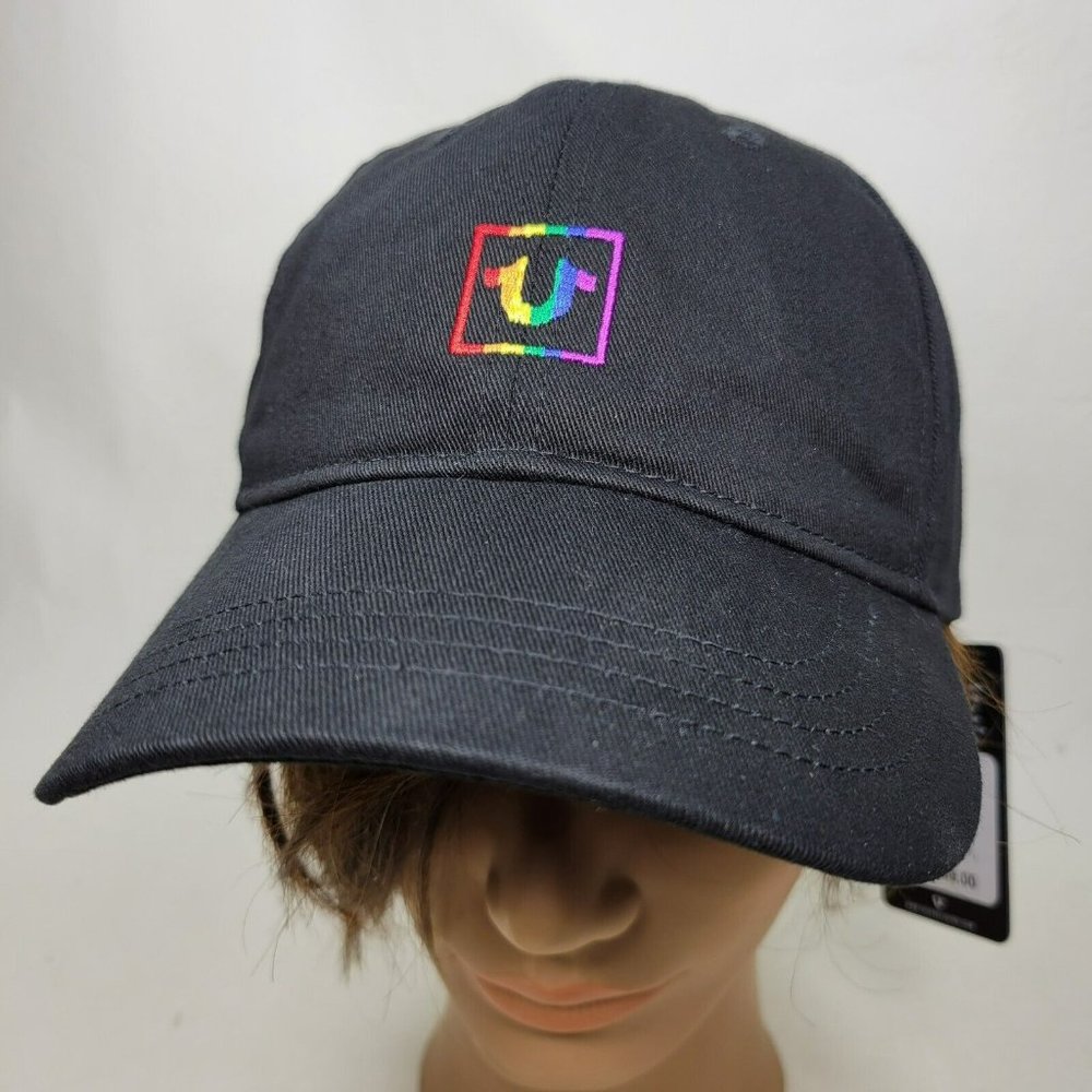 True Religion Rainbow Box Logo Adjustable Strapback Baseball Hat Cap Black NWT